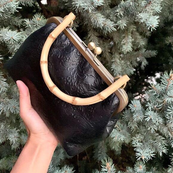 Genuine Leather Embossed Floral Lace, Real Bamboo Handle Bag & Small Clutch Set - Picture 7 of 16